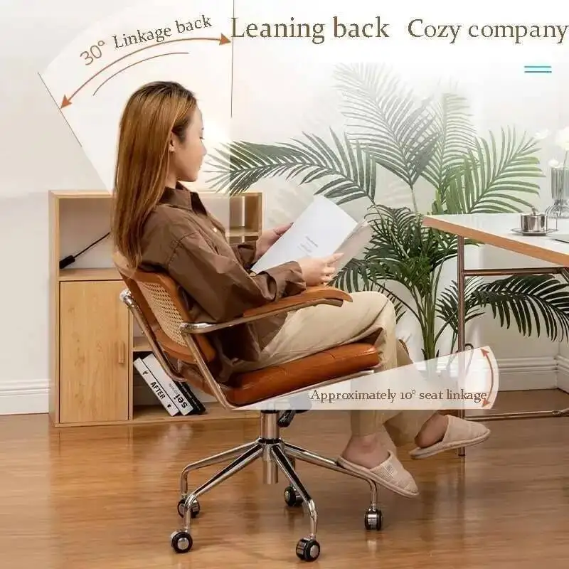 Rattan Computer Chair Retro Rotating Chair Comfortable Study Desk Seat Breathable Armrest Rattan Japanese Chair Office Furniture