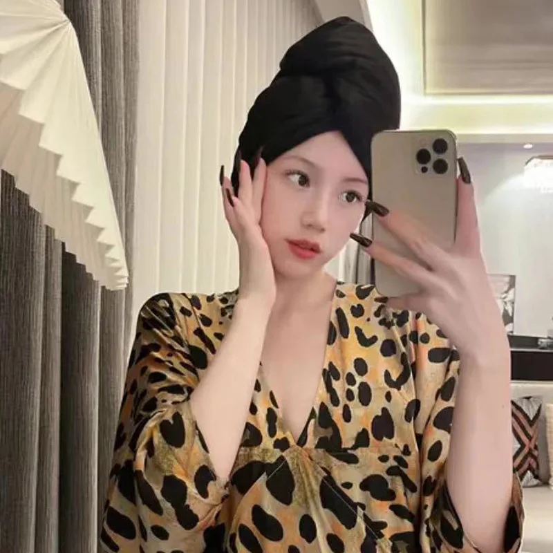 Black Simulated Silk Dry Hair Cap for Women with Long Hair, Absorbent Polyester Fiber Dry Hair Elastic Satin Hair Cap Shower Cap