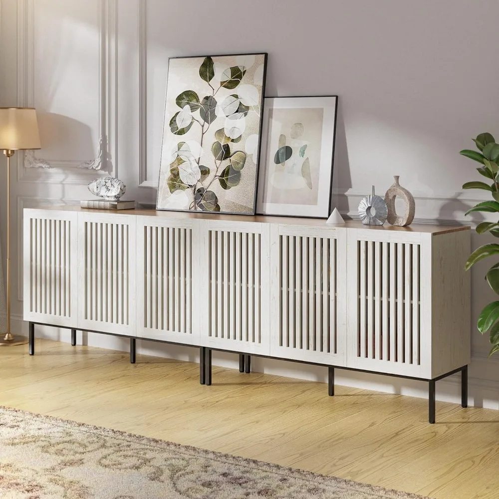 95-calowa szafka bufetowa z drzwiami z kratką, regulowanymi półkami i 6 drzwiami, kredens do przechowywania z metalową podstawą do kuchni