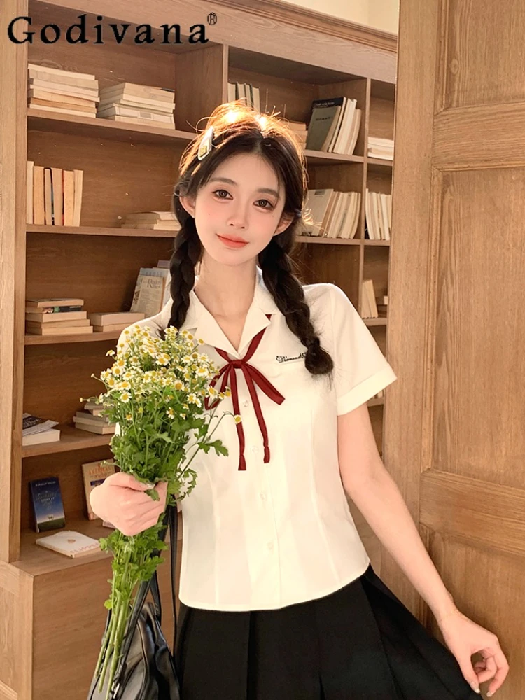 

Sweet Jk Uniform College Short Sleeve White Turn-down Collar Shirt Girl Summer New Simple Solid Color Versatile Age-reducing Top