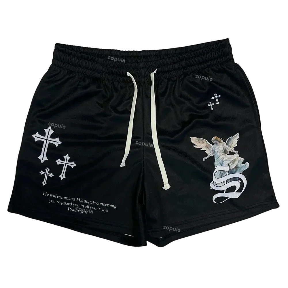 

Винтажные шорты с принтом ангела-хранителя, летние шорты, спортивные тренировочные дышащие модные шорты, быстросохнущая уличная одежда