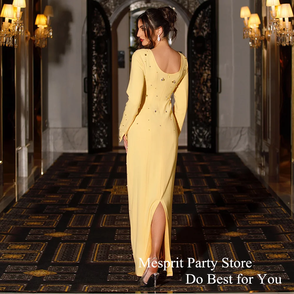 Yellow Evening Dress Saudi Party Gown Round Neck Long Sleeves Back Slit Crystal Stones Straight Prom Dresses for Dancing