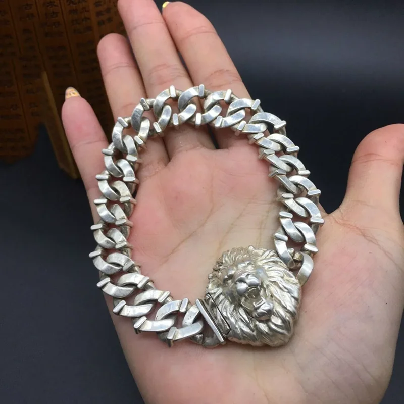 

Asian chinese old miao silver hand cast Lion's head statue bracelet cool gift
