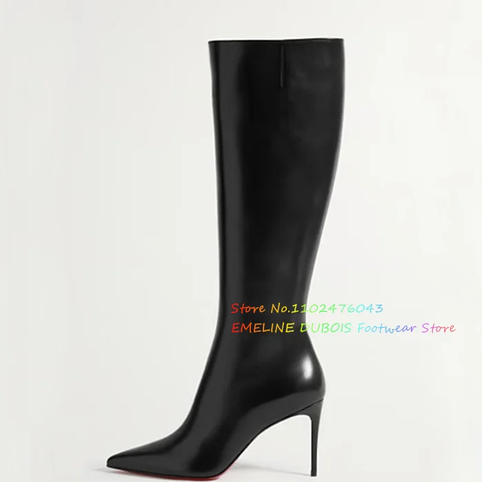 Pointed Thin Heel Sexy High Top Boots Black Leather Side Zipper High Heels Suede Oversized Solid Color All Match Fashion Boots