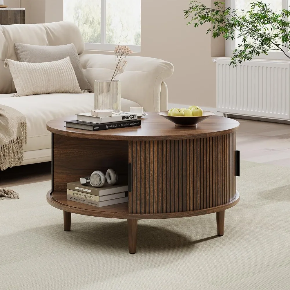 طاولة قهوة مستديرة لمنتصف القرن، طاولة مركزية مخددة مع باب منزلق، طاولة طعام حديثة مع مساحة تخزين لغرفة المعيشة المنزلية #6