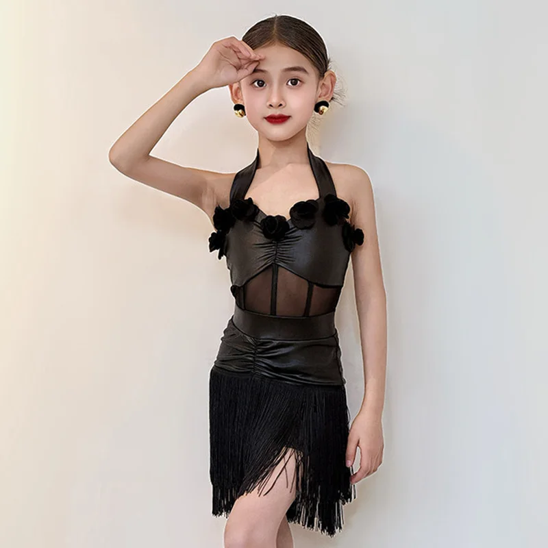 

Kids Girls Dancing Practice Dancewear Camisole Fringe Latin Dance Practice Outfit Set Bodysuit Skirts Rumba Performance Costume