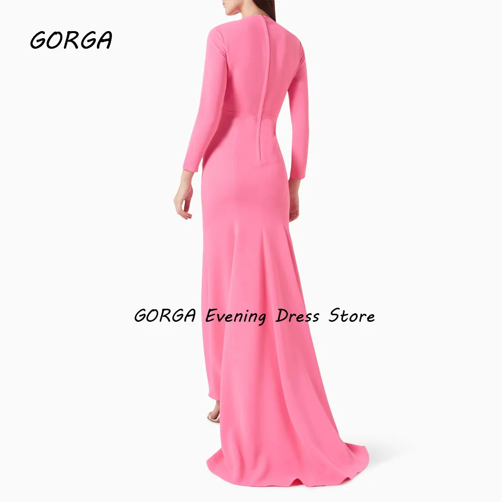 GORGA Simple Pink O-Neck Pleat Mermaid 2024 Slim Crepe Long Sleeve Ocassion Gown Floor-Length Formal Evening Dress