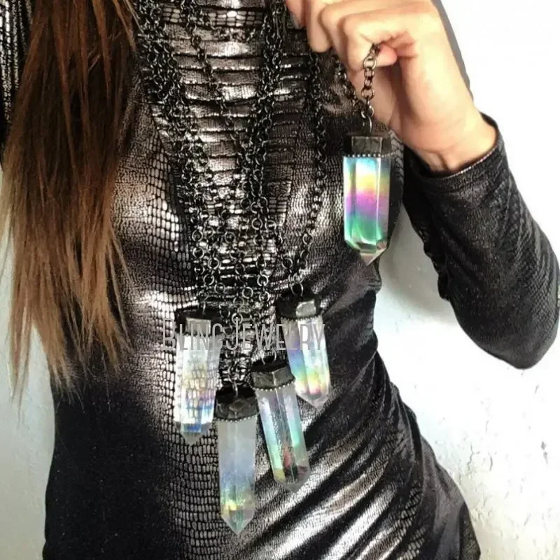 10pcs Angel Aura Quartz Crystal Stainless Steel Chain Necklace Women Jewelry Gothic Goth Y2k Arcane Collar Accessories