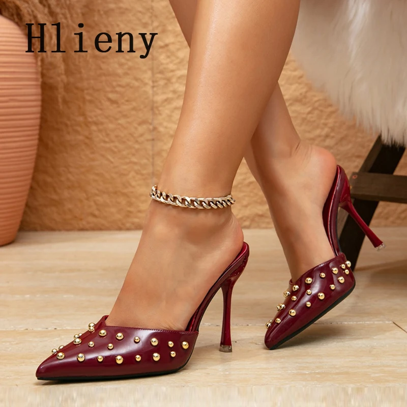 

Hlieny/весенние элегантные шлепанцы с острым носком и заклепками, женские модные вечерние платья на тонком высоком каблуке, женские шлепанцы, туфли-лодочки