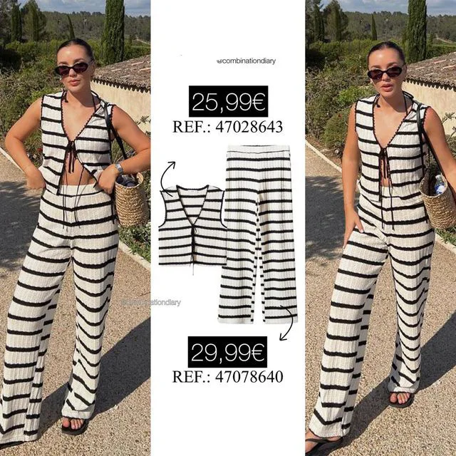 Summer Women\'s V-Neck Crochet Striped Top + High Waist Knitted Pants Set