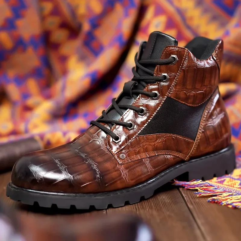 Men High Top Boots Leather Round Toe Grid Pattern Square Heel Males Shoes Exquisite Leisure Design Men Boots Cowboy Boots 38-48