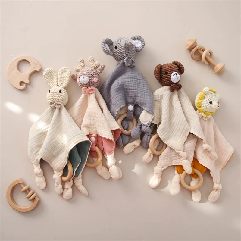 Baby Wooden Ring Crochet Rabbit Rattle Soothing Towel Newborn Cotton Skin friendly Saliva Towel Baby Sleep Teether Toys Gifts