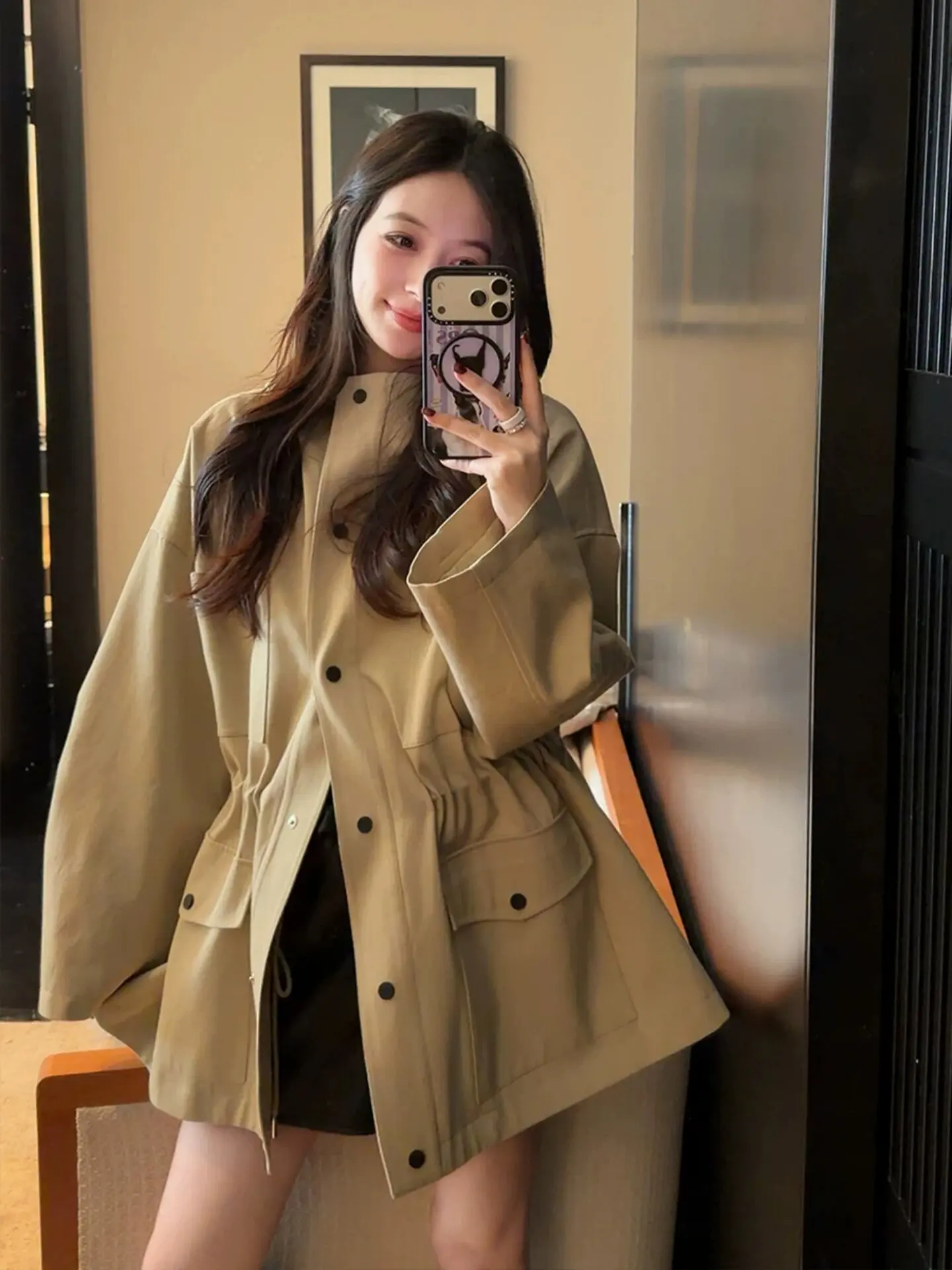 Khaki Short Trench Coat for Women and Small 2026 New Autumn Fashion Waist Hooded Korean British Style