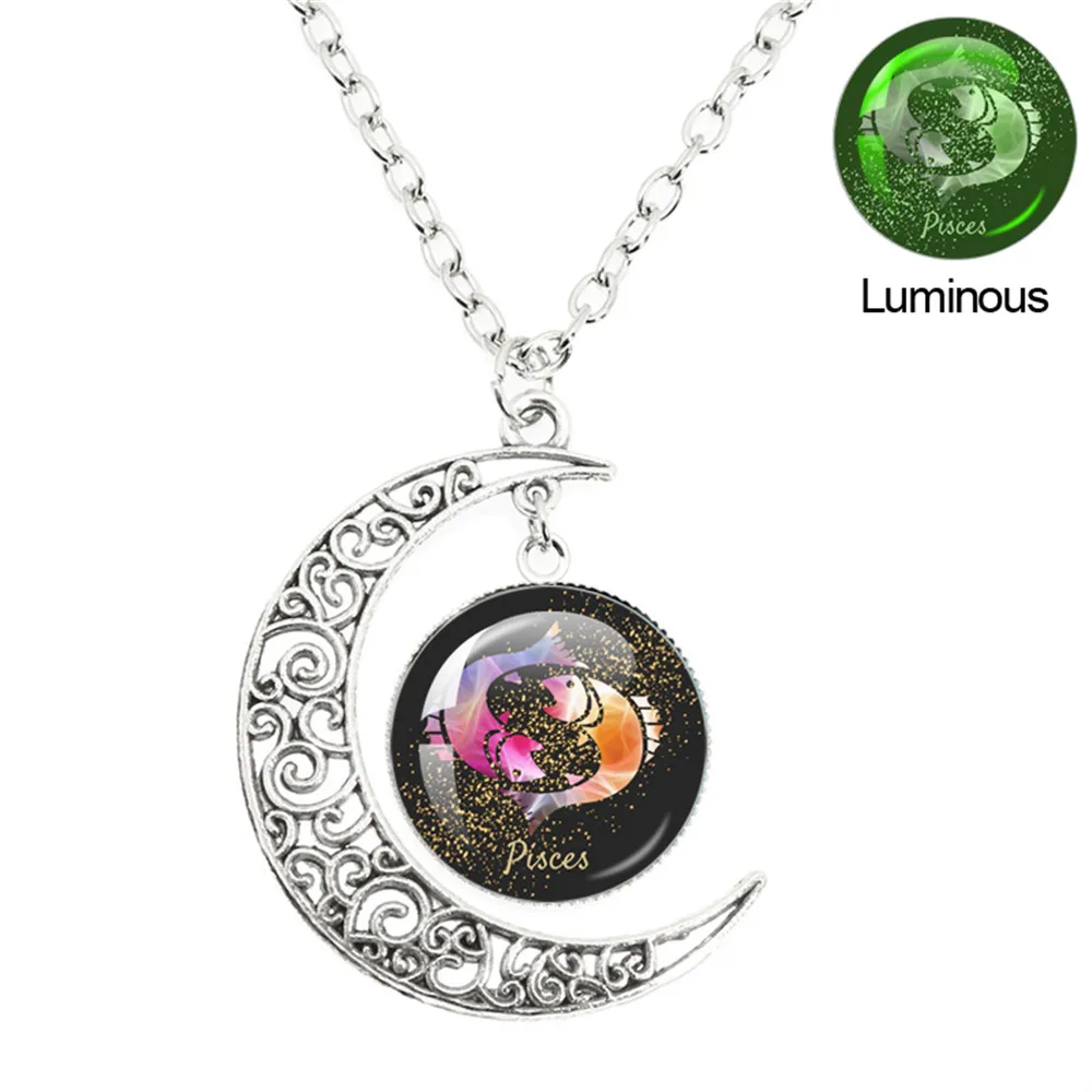 Luminous 12 Constellations Zodiac Signs Necklaces Crescent Moon Pendant Chains NecklaceFor Women And Men Birthday Jewelry Gifts