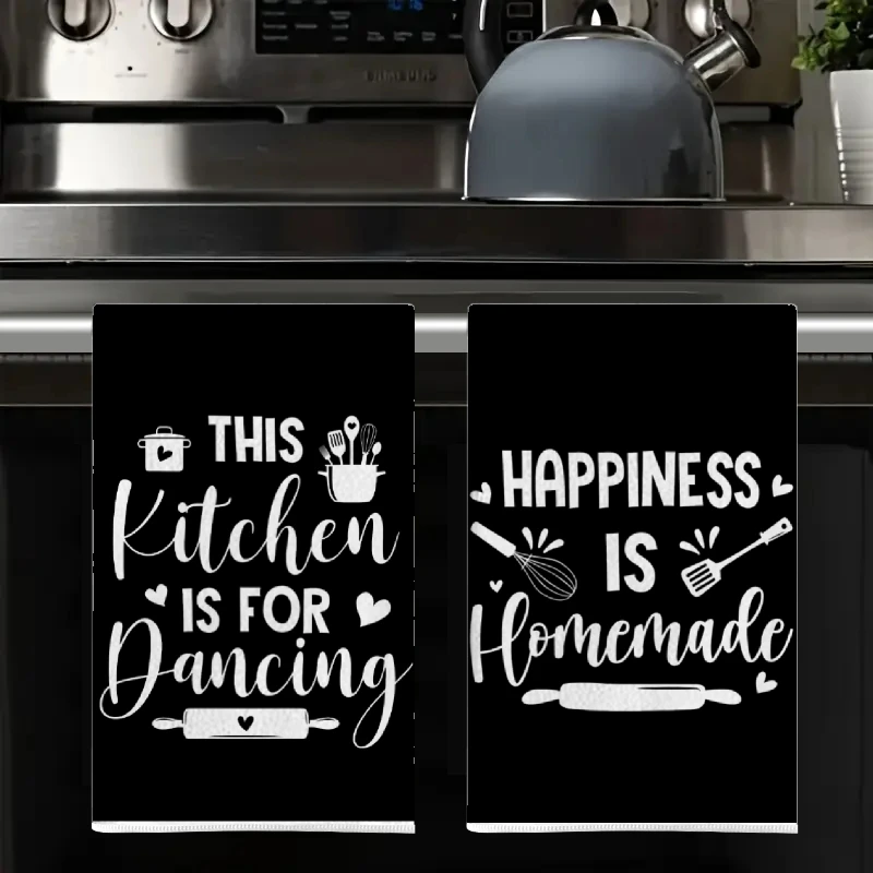 2Pcs, Kitchen Towels with Fun Text on Black Background, 40Cm*60Cm Towel Set, Super Absorbent Soft Cleaning Cloth, Cooking and Baking Tea Towel, Hand Towel, Cleaning Cloth, Dishcloth, Kitchen Decoration, Living Room Decoration, Kitchen Essentials, Home Essentials