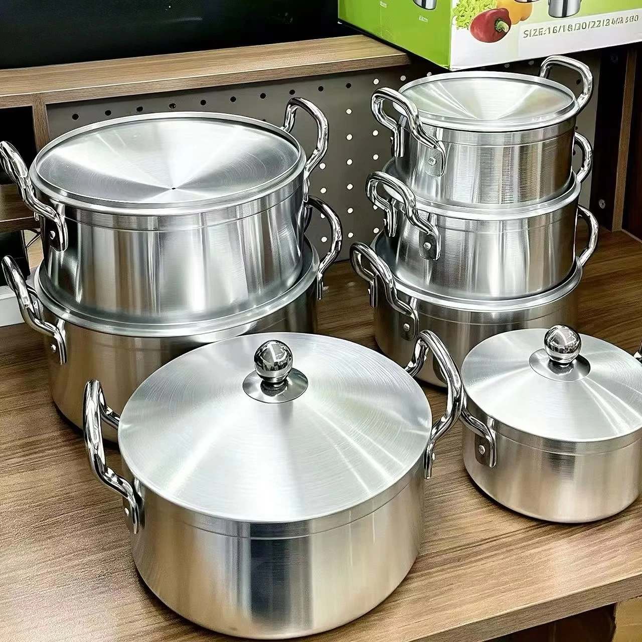 Wholesale 14Pcs Aluminum Stock Pot Set With Lid Double Handle Aluminum Cooking Pot Set QQ Household Kitchen Cookware