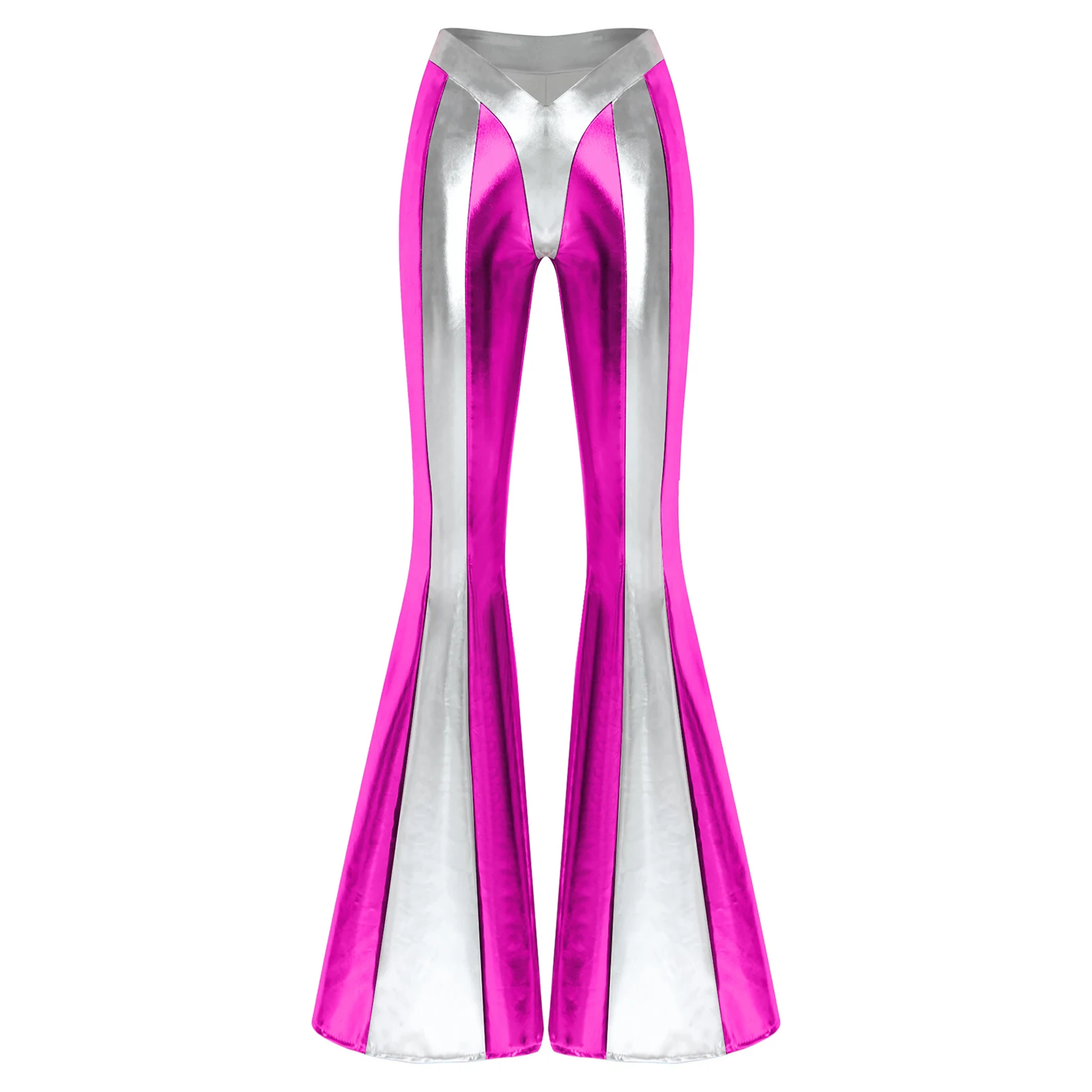 Womens Shiny Metallic Flare Bell‑Bottom Pants 70s Retro Disco Costume Color Block Trousers Halloween Cosplay Club Dance Outfits