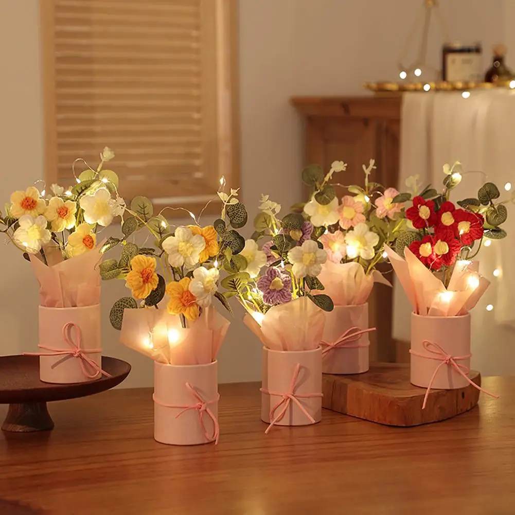 Crochet Flower Bouquet With LED Light Strip Handmade Knitting Yarn Floral Home Office Decor Birthday Mothers Day Gift
