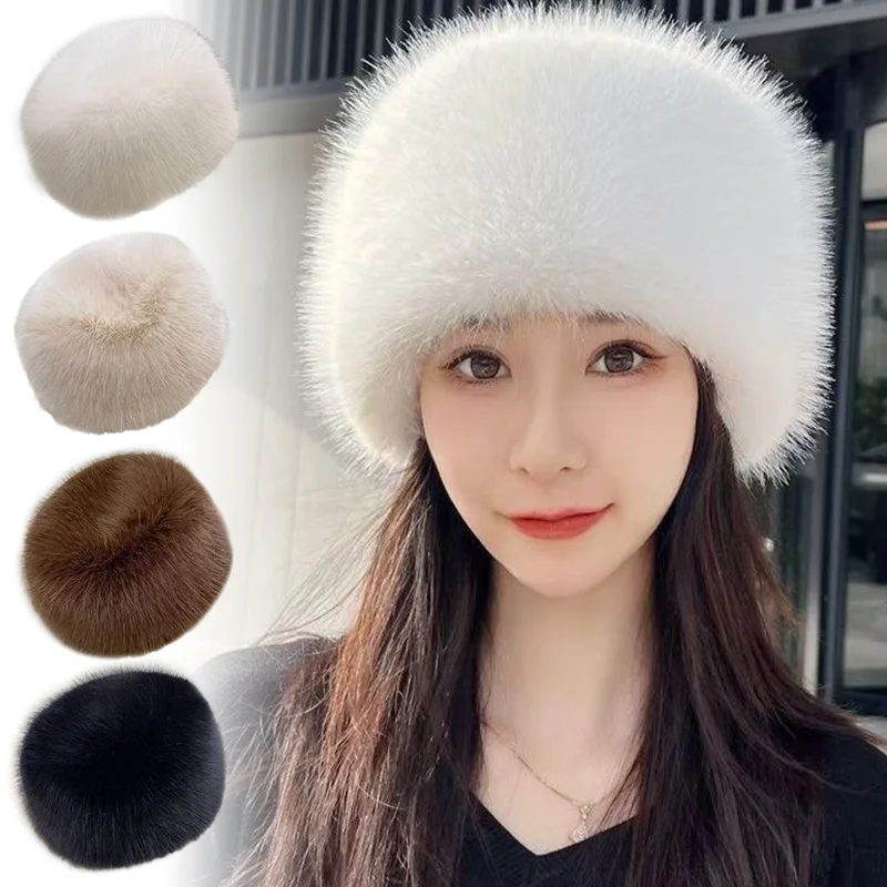 Winter Warm Plush Hats Fluffy Imitation Fur Russian Caps Thick Bucket Hat For Women Fashion Outdoor Skiing Beanies Cap