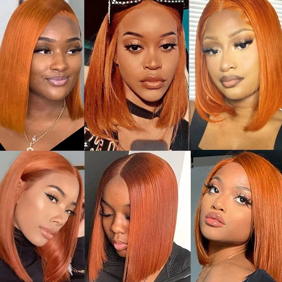 Ginger Orange Bob Perucas de Cabelo Humano para Mulheres Lace Frontal Bone Straight Perruque Cheveux Humain 13x4 Cabelo Virgem Lace Front Wig