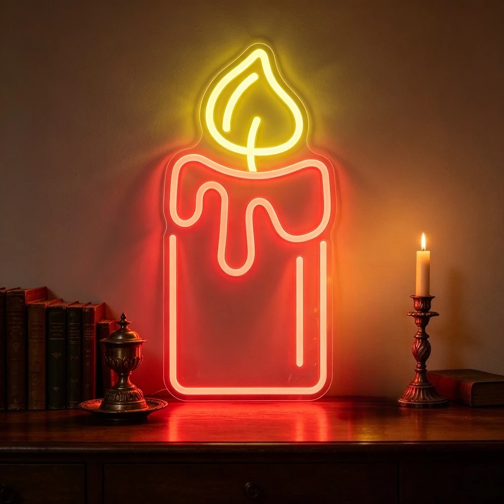 Candle Neon Sign Dimmable LED USB Wall Light for Vintage Home Bedroom Pub Bar B&B Holiday Party Atmosphere Wall Art Decor Gift