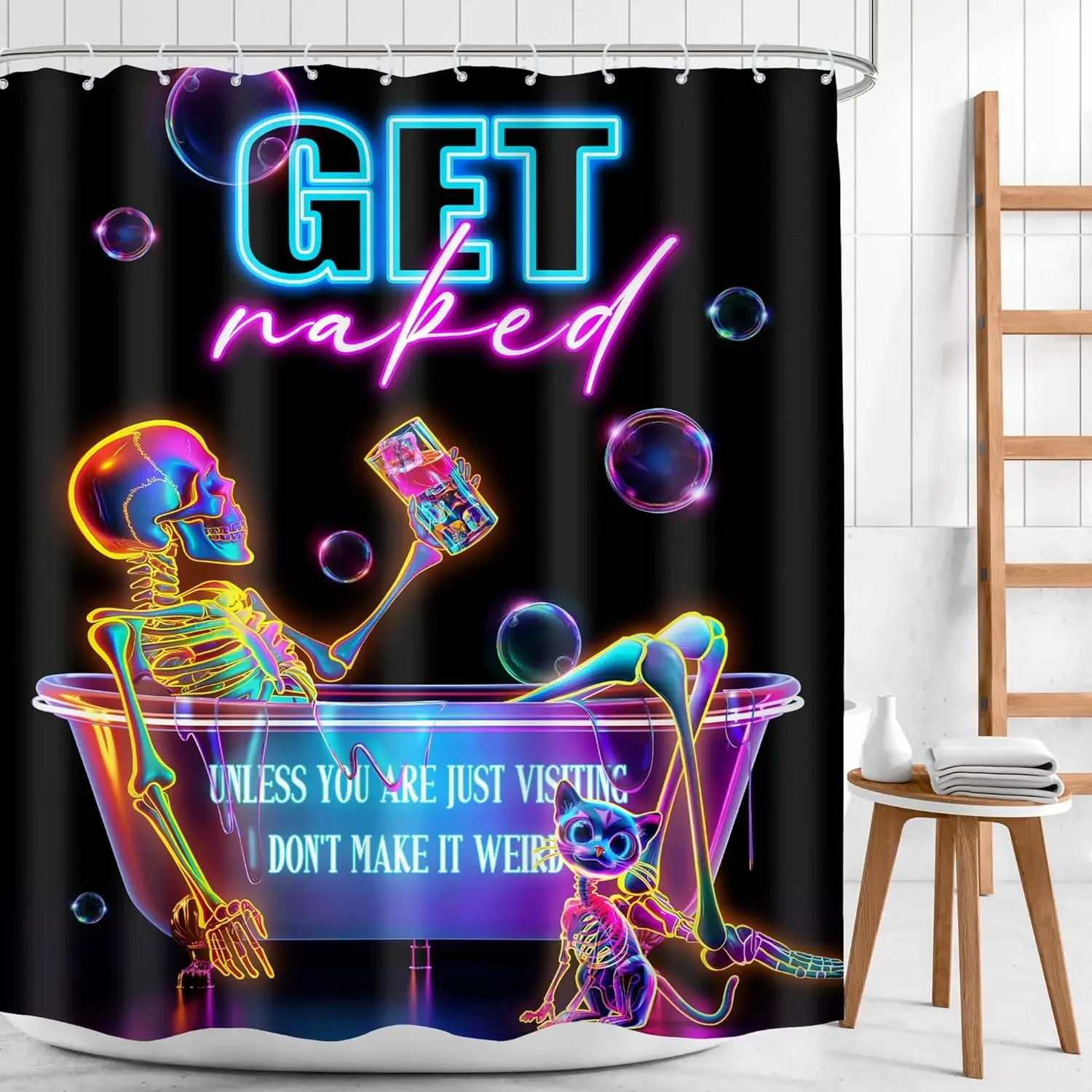 Neon Funny Skull Shower Curtain Skeleton Gothic Spooky Unique Cool Bone in Bathtub Bubbles Black Halloween Cat Modern Bathroom