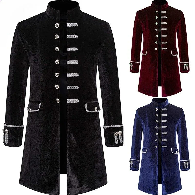 

Men's Gothic Jacket Single-breasted Solid Cost umeSteampunk Coat Noble Vintage Cosplay Medieval Velvet Uniform Stand Collar