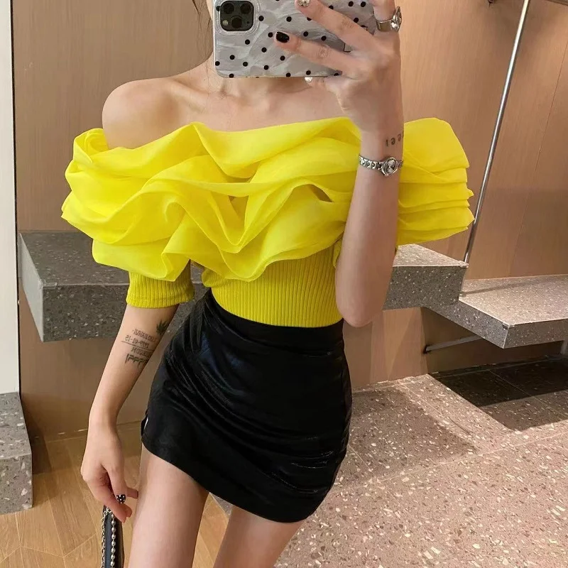 2024 New Summer Winter Short Knitted T-Shirt Sexy Off Collar Ruffles Three-dimensional Flower Women Crop Top Short Sleeve Tees