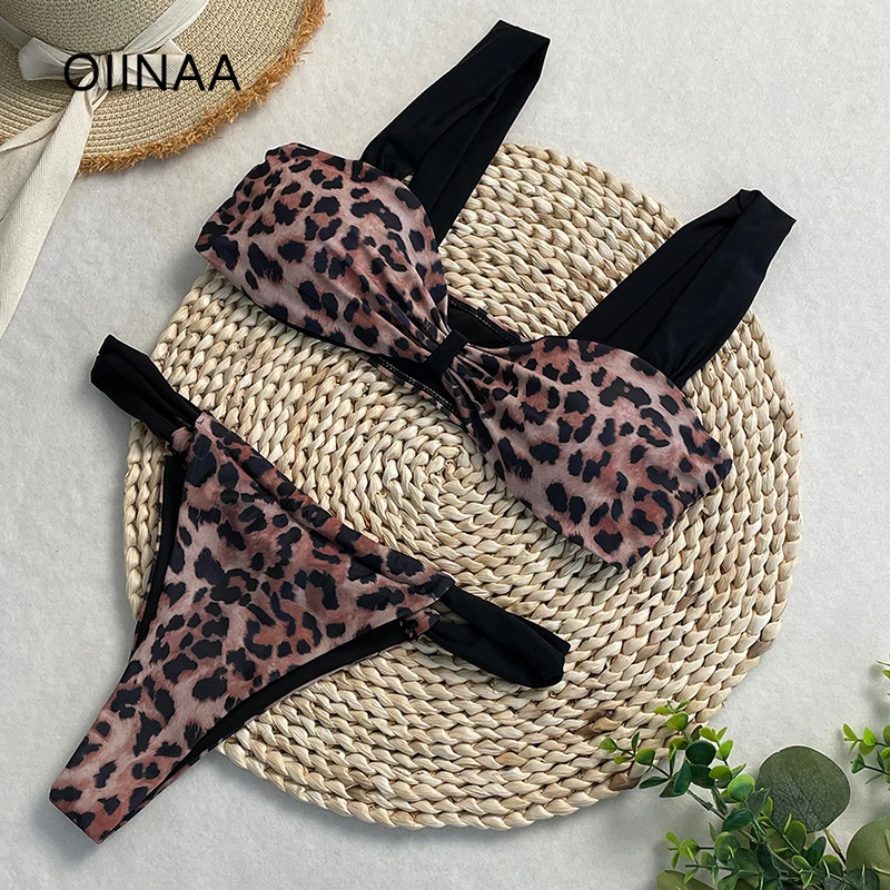 

OIINAA Cheetah Print Bathing Suit Women Backless Solid Spliced Bikini Set Sexy Thongs Split Swimsuit Summer New Korean Beachwear