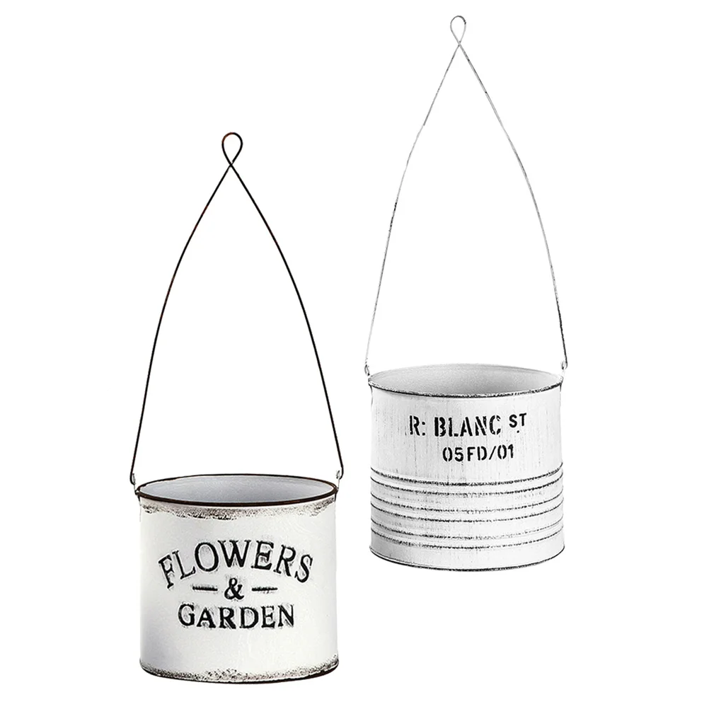 

2Pcs White Iron Flowerpot Hanging Garden Pot for Plants Decorative Tin Planter Bucket for Home Garden Shed Wall Brightening