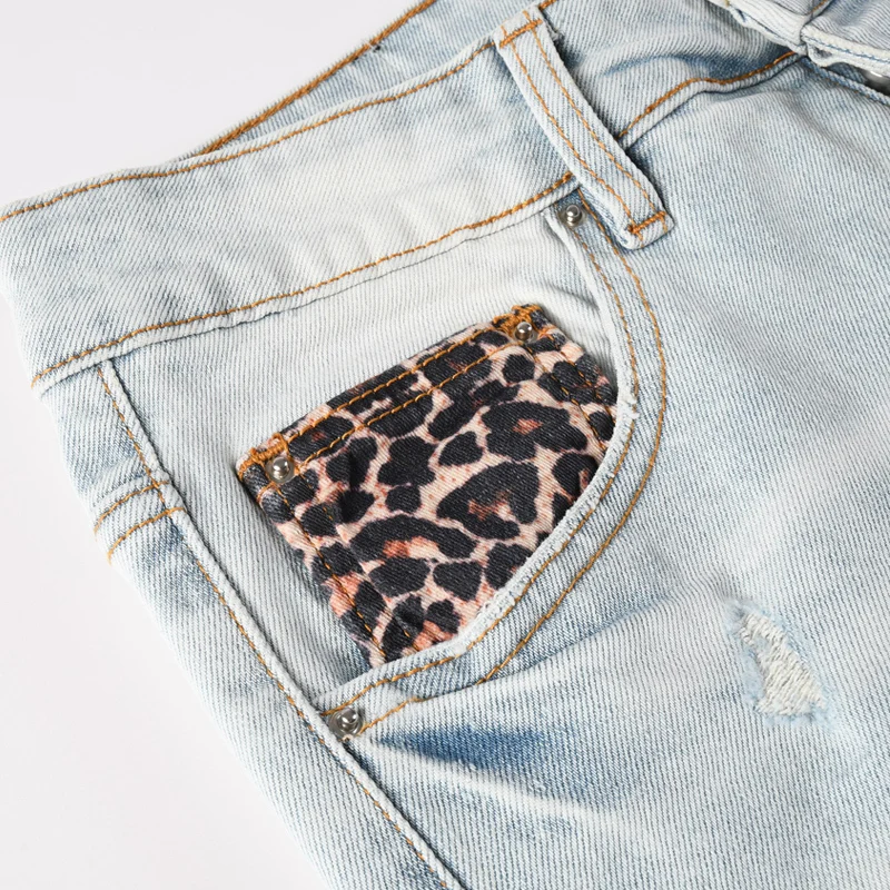 Designer High Street Fashion's new men's jeans y2k washed nostalgic patch perforated light blue jeans hip-hop brand spliced pant