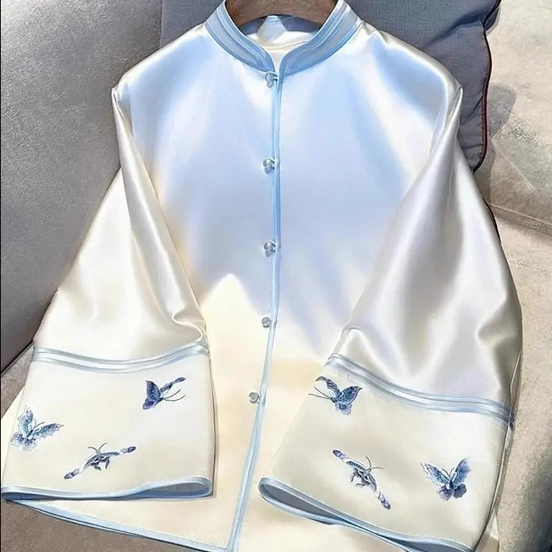 

New Chinese White Butterfly Button Shirt Jacket Outwear Women's Spring High-End Loose Printed Chic Outerwear Tang Suit Tops