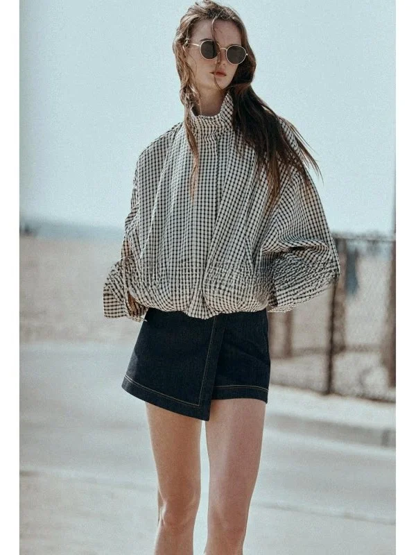 

Spring Summer Women's Long Sleeve Stand Collar Plaid Puffy Hem Pilot Jacket Outerwear Vintage Style Loose Fit Short Length Zi...