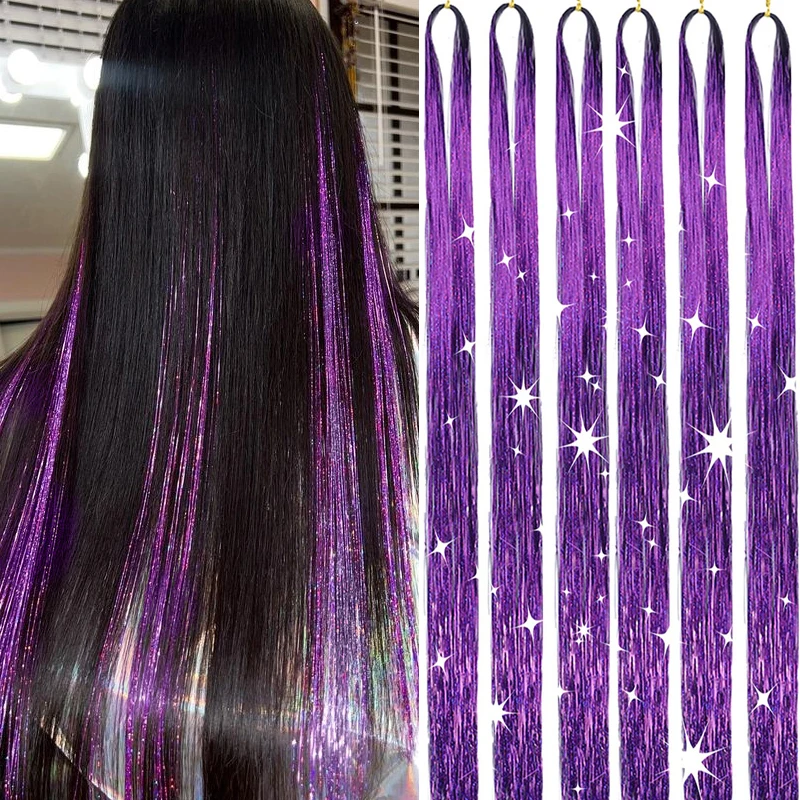6개입 24인치 퍼플 틴셀 헤어 키트 글리터 헤어 익스텐션 반짝이는 컬러 헤어 틴셀 여성용 크리스마스 파티용 반짝이는 헤어