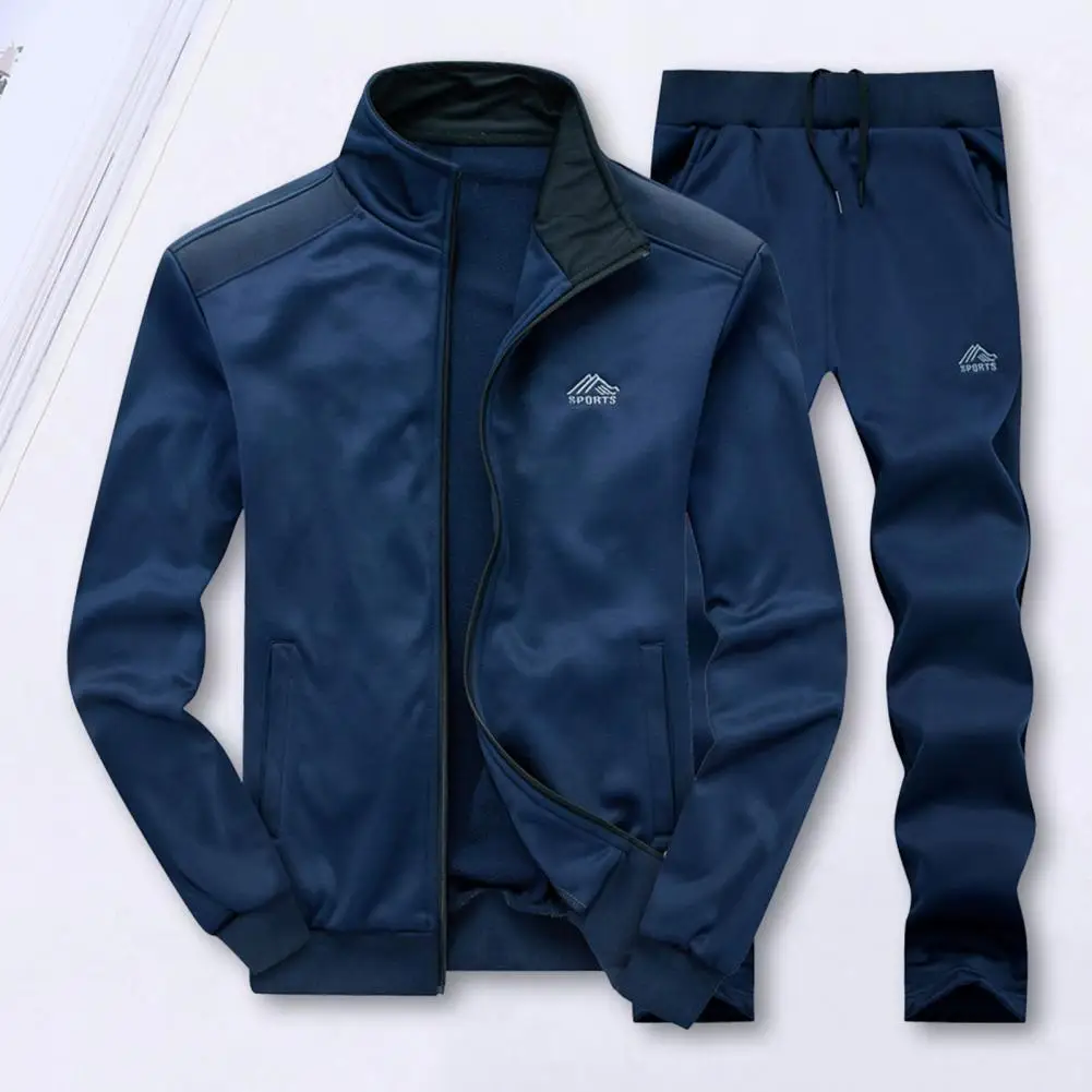 Two-piece Tracksuit Men's Athleisure Suit with Stand Collar Coat Elastic Drawstring Waistband Pants Set Zipper Placket Long