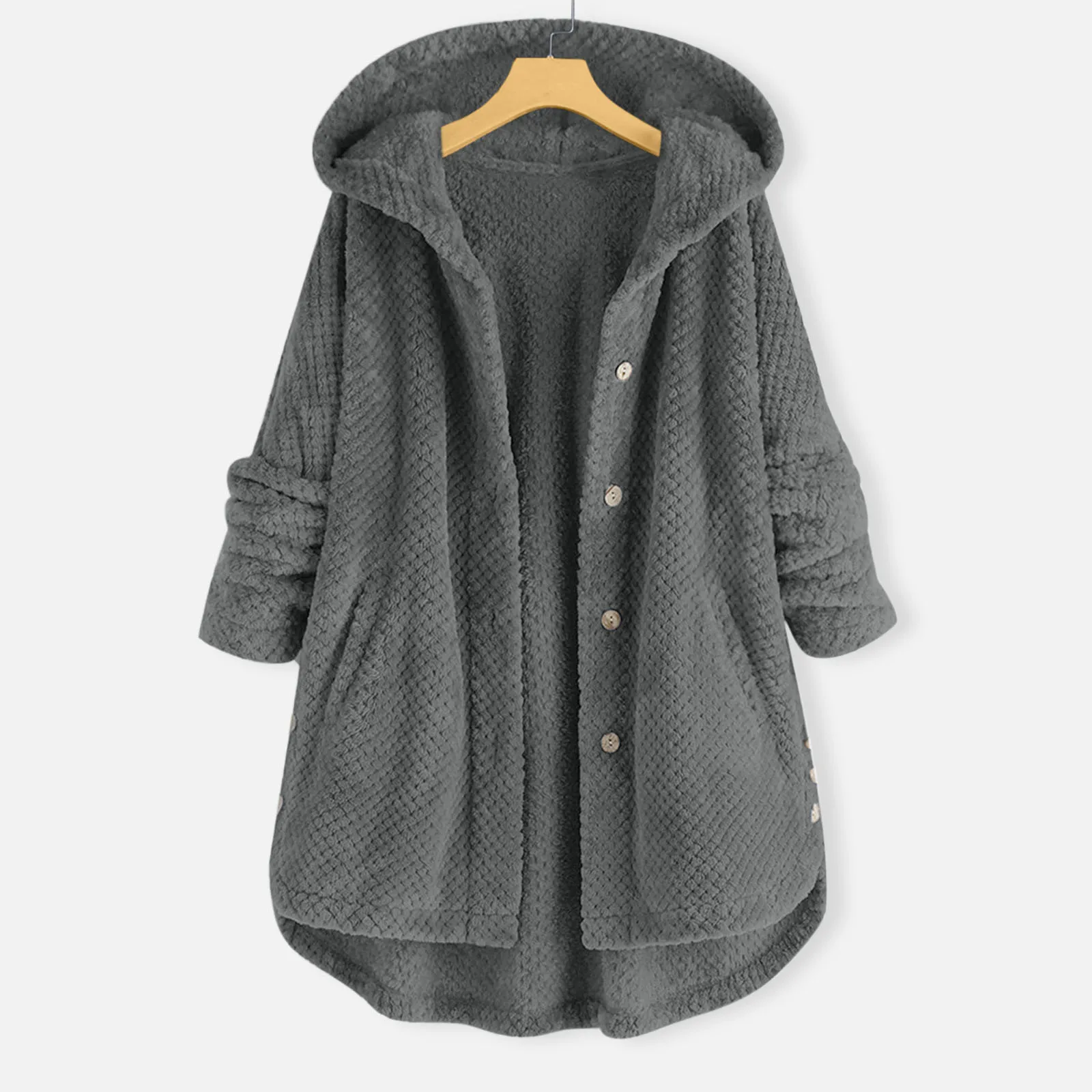 Women Plush Hooded Coat Autumn Winter Warm Button Teddy Jackets Casual Long Sleeve Solid Color Loose Fleece Outwear Coats