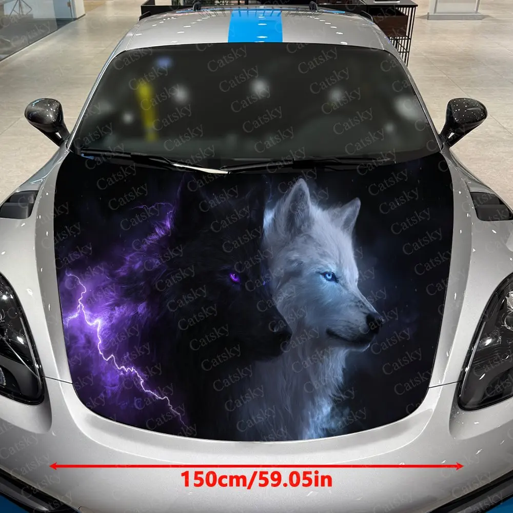 Purple Eyed Twin Wolves Thunder Realm Car Vinyl Wrap, PVC Waterproof Car Hood Sticker, Self-Adhesive Scratch-Resistant Stickers
