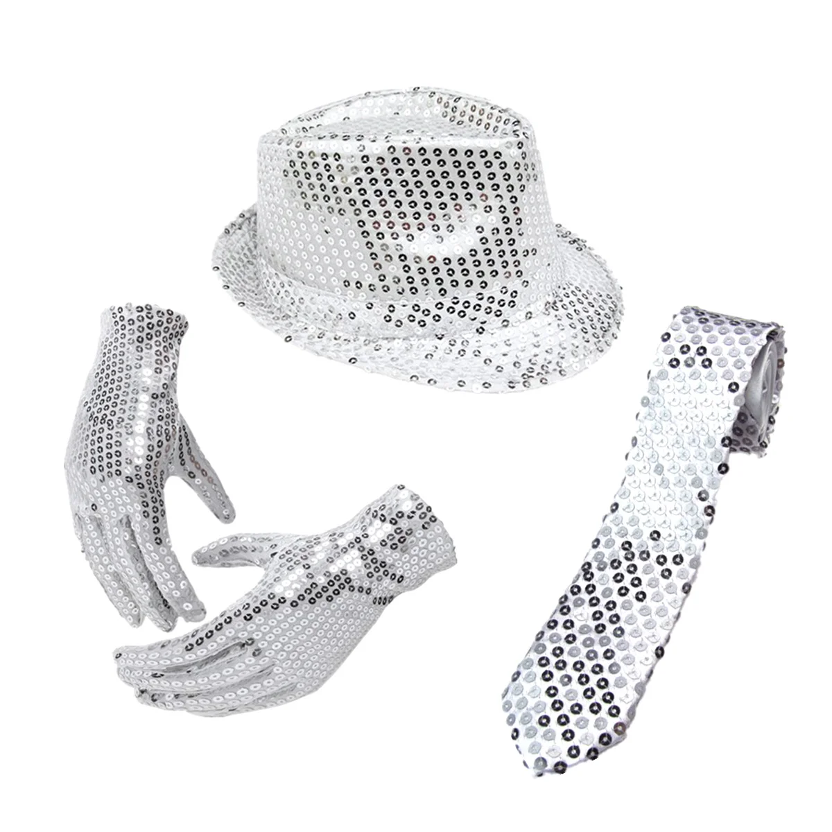 

3Pcs Shining Jazz Dance Accessories Set Silver Hat Size M Tie Glove Performance Costume Party Dance Clothing Jazz Hat