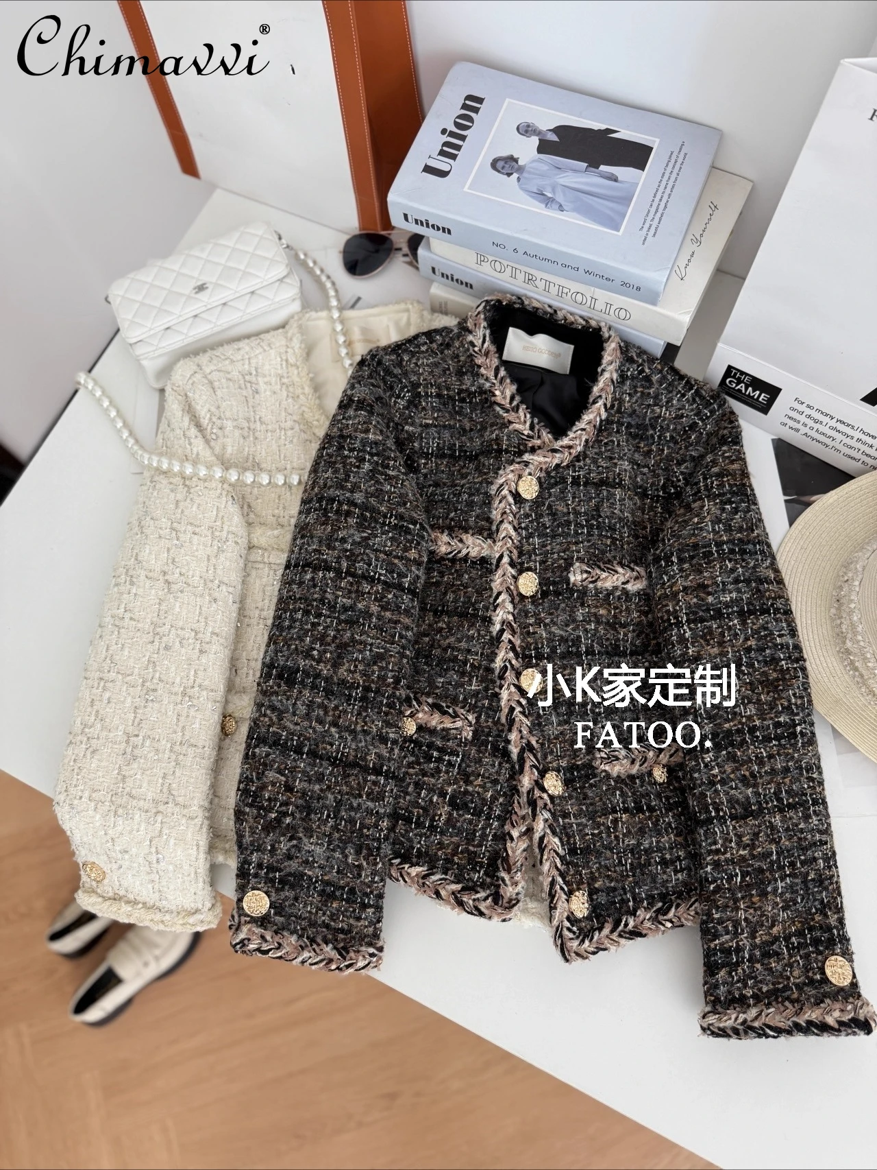 

Autumn New High-End Fashion Double-Line Open Stitch Edge Woven Tweed Short Coat Fashion Long Sleeve Slim Elegant OL Jacket Top