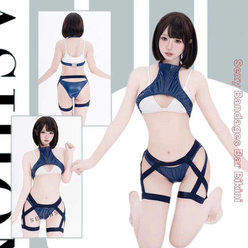 

SENMHS Original Women Sexy Anime Navy Bikini Dead Reservoir Water Cosplay Unifrom Exotic Appeal Patent Leather Alluring Outfit