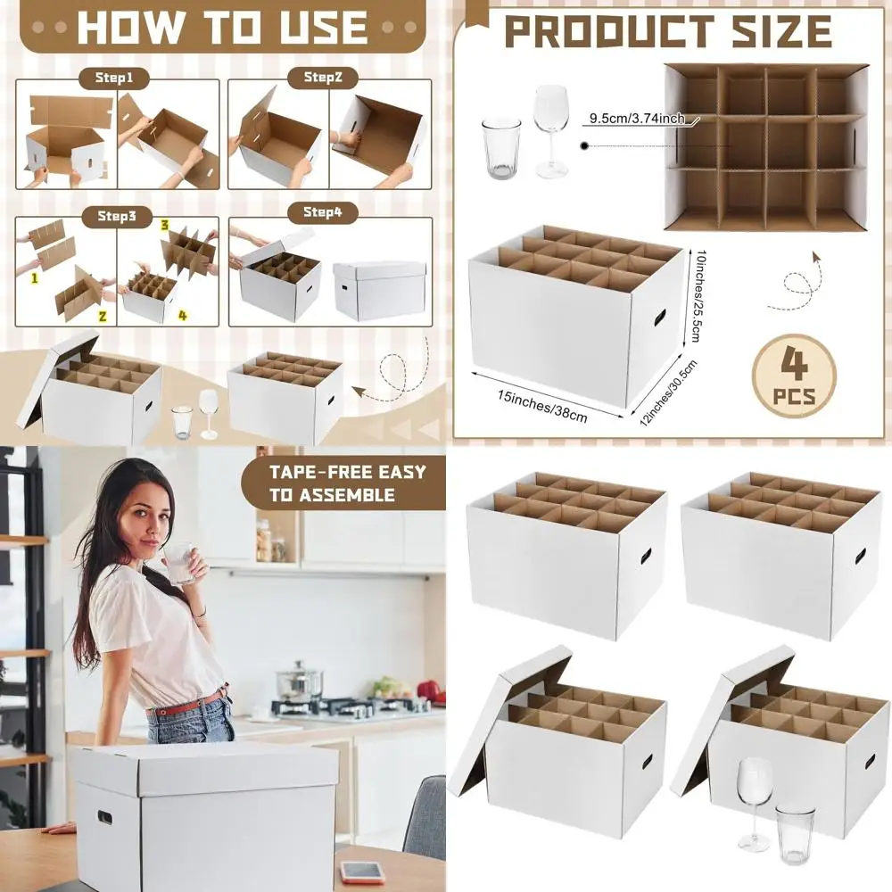 

Set of 4 White Kitchen Moving Boxes with Lid and Handle for Safe Glassware Transport (15x12x10 Inches)