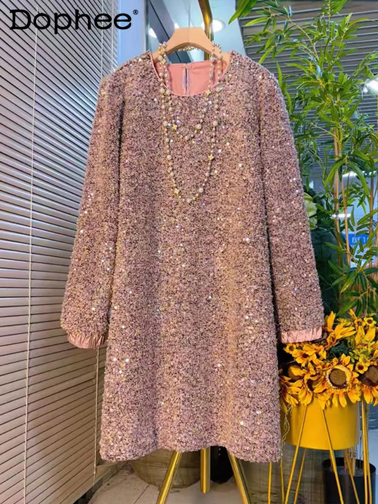 

Commute Style Temperament Oversized Dress Women Spring Autumn Fashion Mid-Length Sequins Round-Neck Long-Sleeved Dresses Female