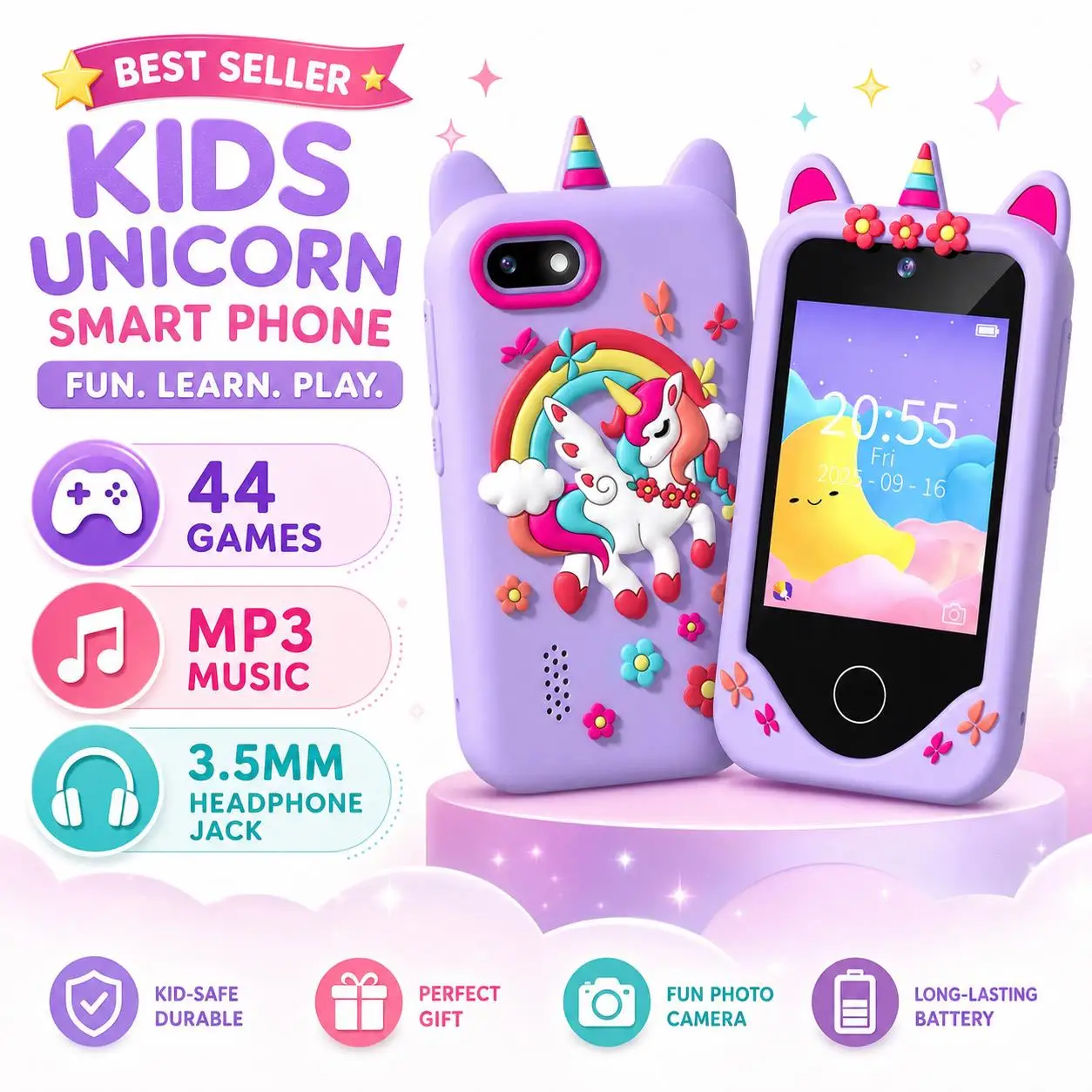 Kids Smart Toy phone 44 Puzzle Games MP3 Player Camera Touchscreen Learning Phone Toys with Silicone Case for Boys Girls Gifts