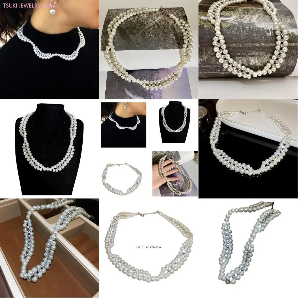 62KE Elegant Zircon Necklace Pearls Bead Collarbone Chain Adjustable Length Neckchain Stylish Accessory for Daily Wear