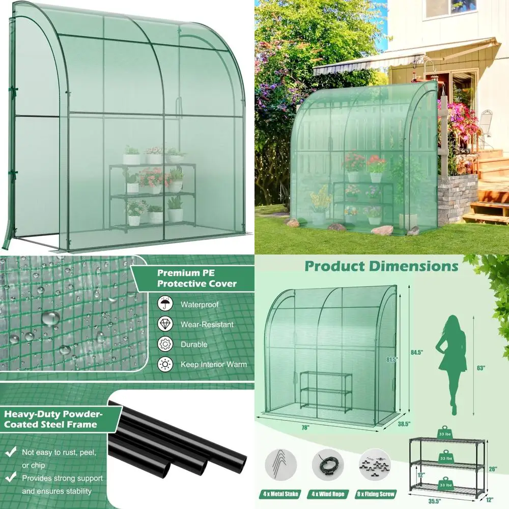 

Устойчивая к атмосферным воздействиям 3-х уровневая полка для цветов в теплице для садоводства с подвижными дверцами на молнии и полиэтиленовой крышкой