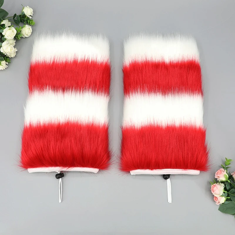 Gyaru Faux Fur Leg Warmer Winter Goth Striped Leg Warmers Y2k Knee High Socks Boot Cuff Slouch Socks JK Girl Boot Cover Hosiery view 6