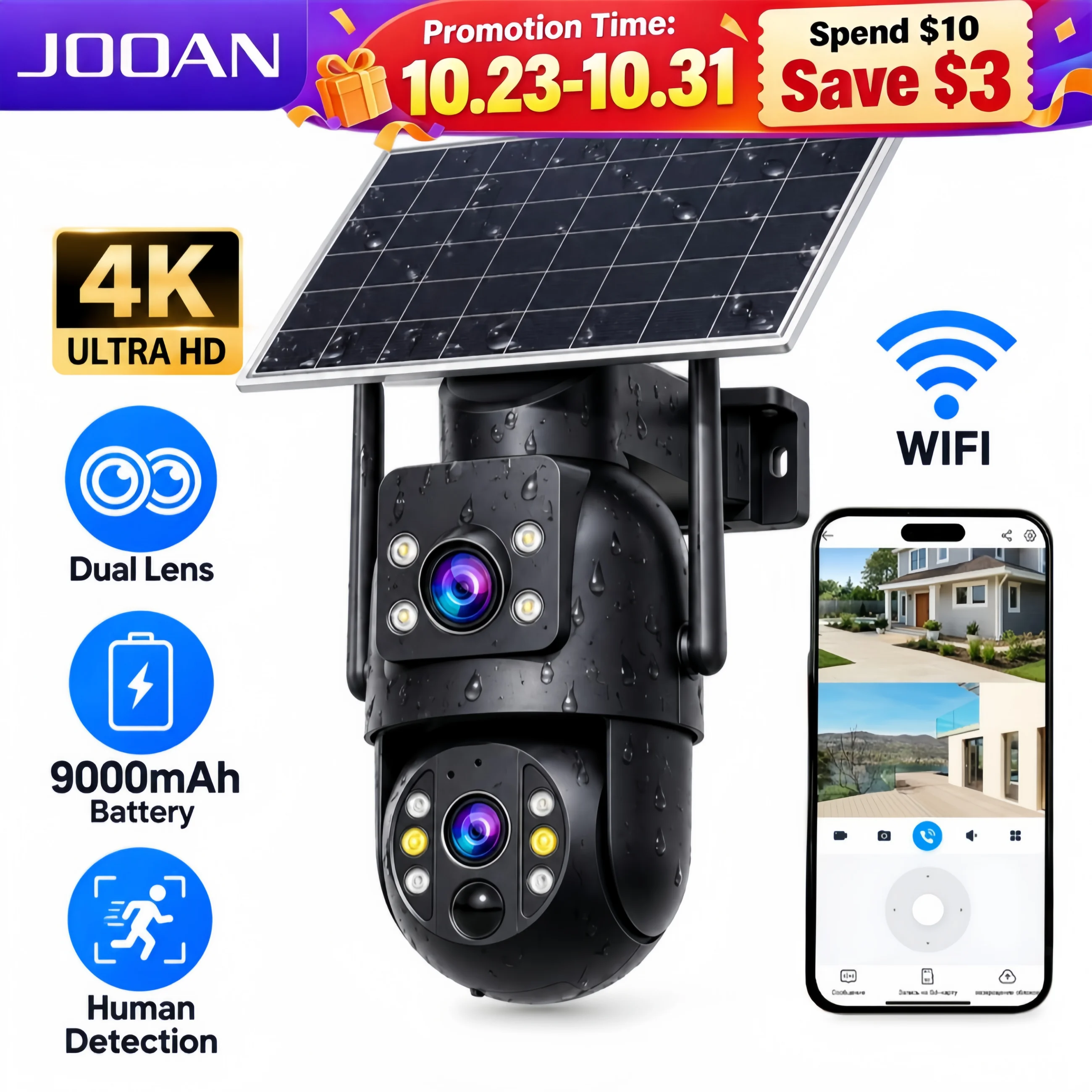 JOOAN 4K Wireless Outdoor Wifi Solar Camera Dual Lens Human Detection Waterproof Home Security IP Camera Built-in Battery CCTV