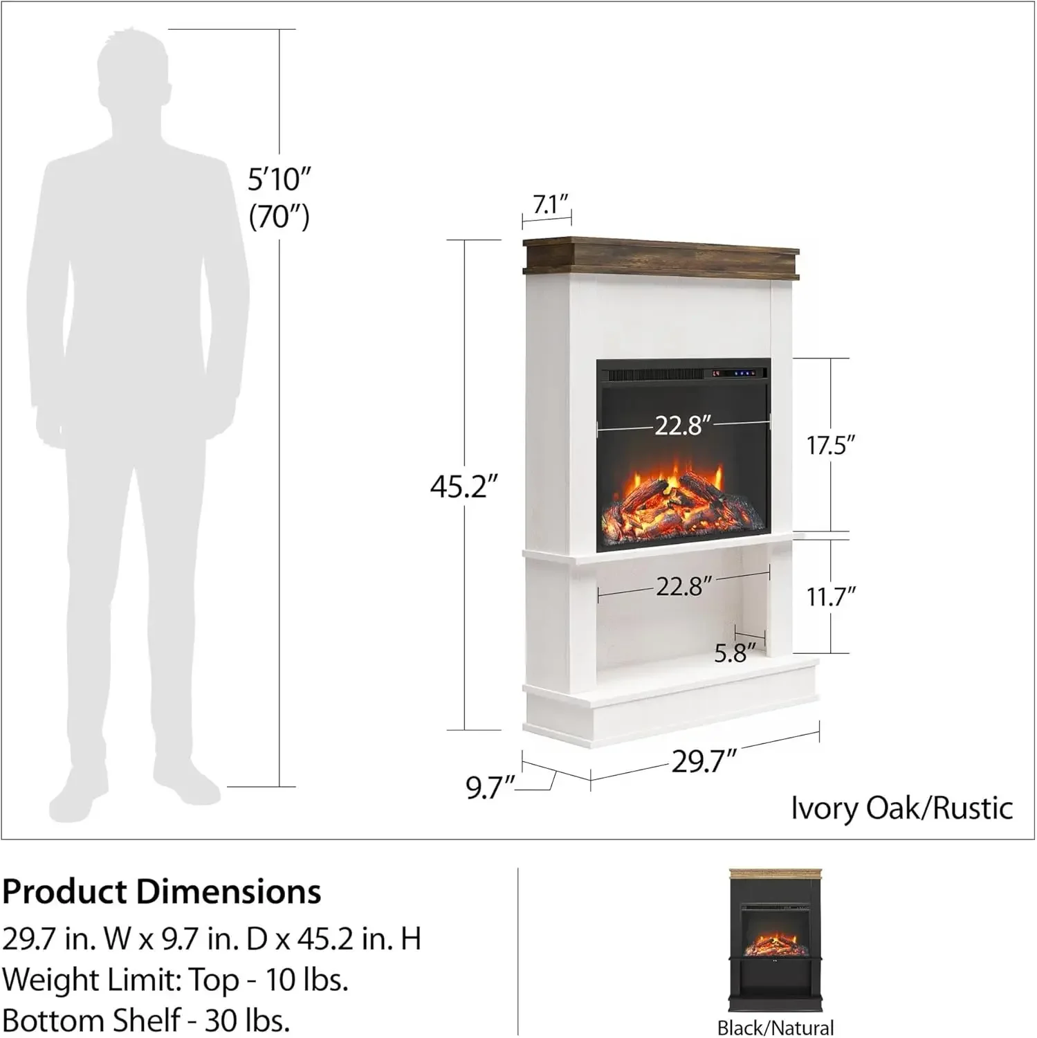 Elektrischer Mateo-Kamin mit Kaminsims und Regal, austauschbare Kamineinsatzheizung, freistehende Fernbedienung, 76,2 cm