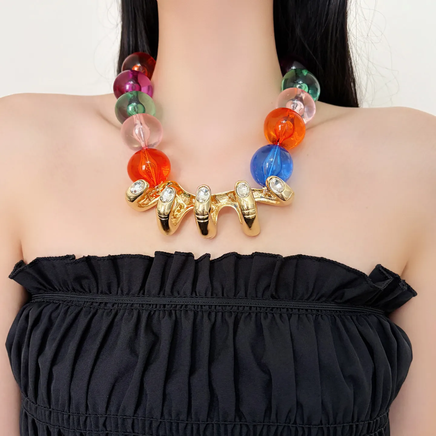 Oversized Colorful Beaded Handshake Pendant Choker Necklace Trendy Bold Statement Neck Chain For Women