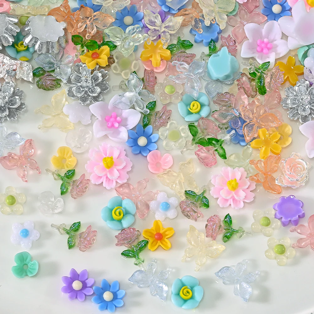 300 個透明光沢のあるローズ蝶 3D ネイルデコレーション混合花カラフルなネイルアートチャームヒラタマニキュアクラフトアクセス